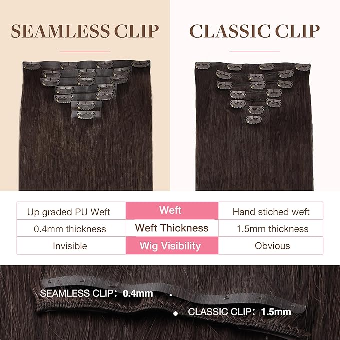GOO GOO Clip in Hair Extensions Real Human Hair, Remy Human Hair Extensions Clip ins for Women, Natural Human Hair, 18inch 130g 7Pcs, 2A Light Brown
