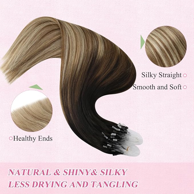 YoungSee Micro Link Hair Extensions Human Hair Balayage Micro Hair Extensions Human Hair Ombre Dark Brown to Blonde Mix Browns Bead Hair Extension Real Hair Microbead Extension 14 Inch 50g 50s
