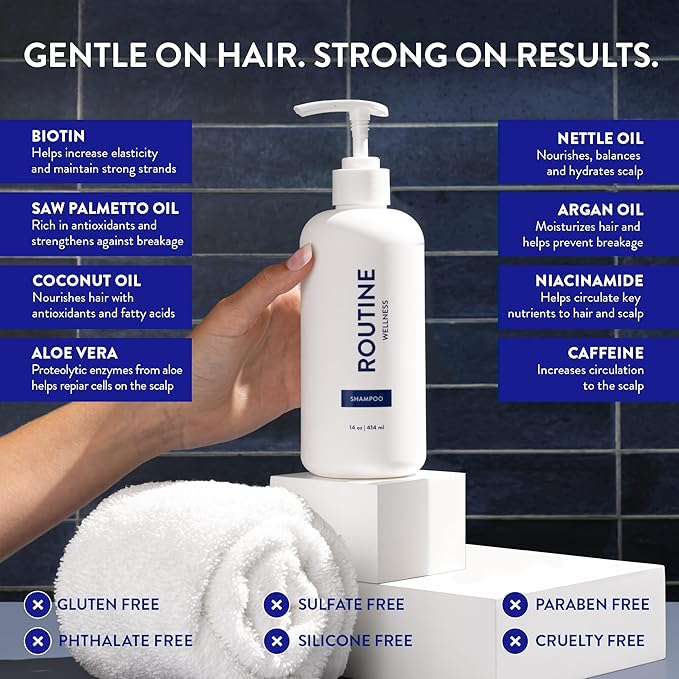 Routine Wellness Anti-Thinning Shampoo for Thinning Hair - Biotin DHT Blocker Women & Men - Color Safe Shampoo for Hair Loss & Healthy Hair - Rose Hips 14oz (Pack of 2)