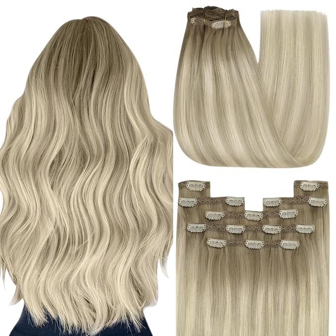 YoungSee Clip in Human Hair Extensions Ombre Ash Blonde to Platinum Blonde Balayage Clip in Hair Extensions Blonde Remy Human Hair Extension Clip ins for Women 7pcs 120g 16Inch