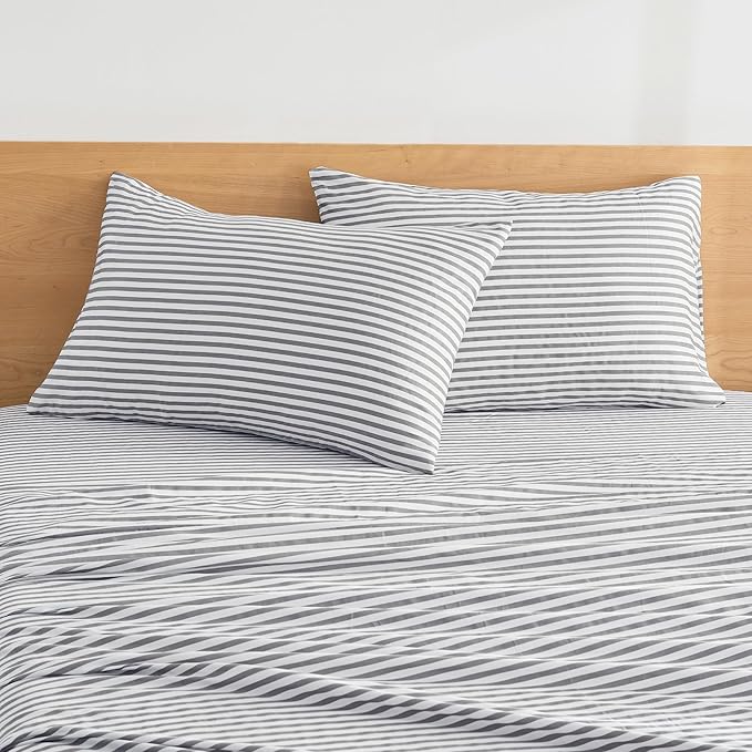 JELLYMONI 100% Natural Cotton Plaid King Pillowcases Set, 2 Pack Dark Gray with White Stripes Pattern Printed Pillow Covers with Envelope Closure(Pillows are not Included)