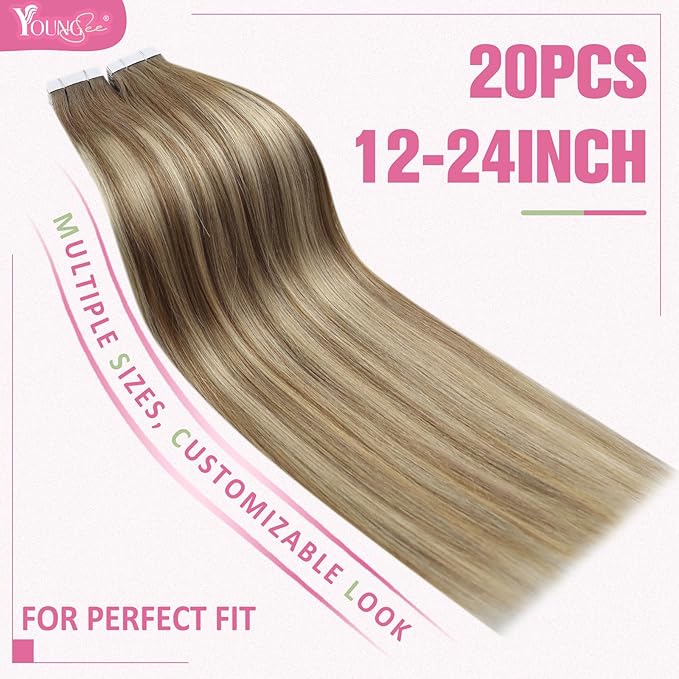 YoungSee Human Hair Tape in Extensions Balayage Invisible Tape in Hair Extensions Human Hair Light Brown Ombre Blonde Tapes ins Human Hair Long Hair Extension 24 Inch 20pcs Hair Extension Tape-in 50g