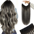 YoungSee Invisible Wire Hair Extensions Ombre Black Wire Hair Extensions Real Human Hair Balayage Black with Silver Headband Hair Extensions for Women 70G 12Inch
