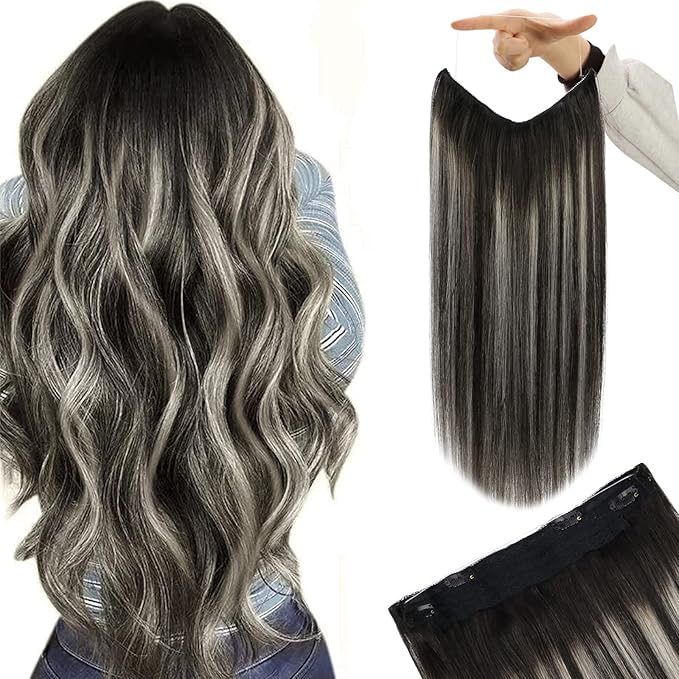 YoungSee Invisible Wire Hair Extensions Black Ombre Wire Human Hair Extensions Black Roots Silver Balayage Remy Headband Hair Extensions Human Hair 16In 80G