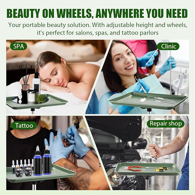 Rolling Salon Tray, Adjustable Salon Tray on Wheels, Premium Aluminum Tattoo Tray Cart for Spa Clinic, Green