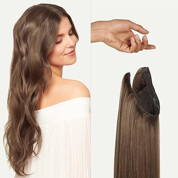 Luxy 100% Remy Human Hair – Halo Clip-In Hair Extensions –Natural Looking Volume & Length - One-Piece - Easy 5-Min Application 150 grams 12" Ash Brown Balayage
