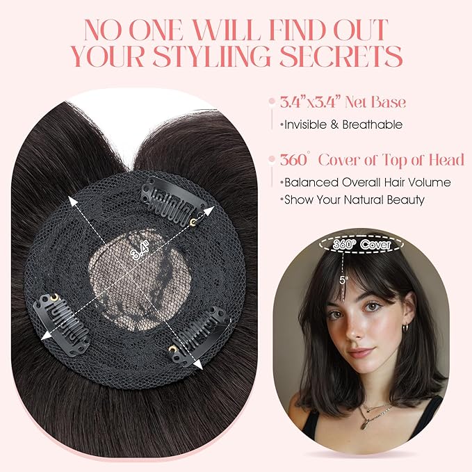 Hairro Mono Hair Toppers with Bangs, 3.4" x 3.4" Mono Base 100% Real Human Hairpieces for Women, 150% Density Clips In Topper for Greyish Thinning Hair, 10 Inch Natural Black