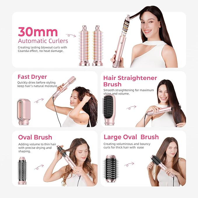 6 in 1 Hair Dryer Brush, Detachable Air Styler, 3 Heat Settings Blow Dryer Brush Frizz-Free Volumizing, Straightening, Curling ALCI Safety Plug for Travel & Home Styling (Pink-A)