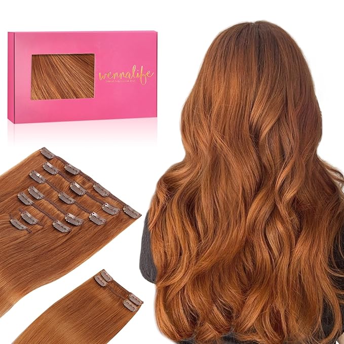 WENNALIFE Clip in Hair Extensions Real Human Hair, 18 Inch 150g 9pcs Human Hair Extensions Clip In, Dirty Ginger Hair Extensions Clip In Real Hair Coloured Remy Human Hair Extensions