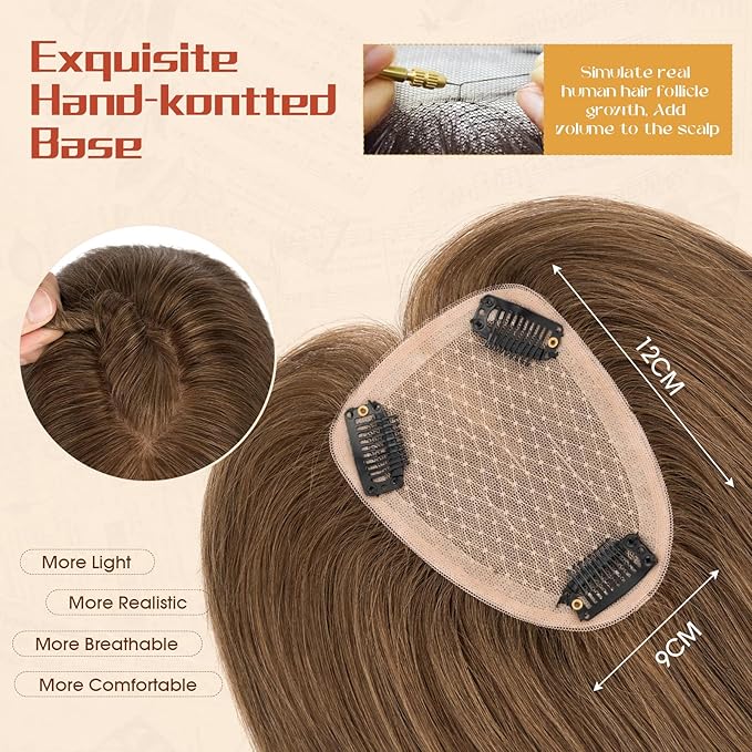 Rich Choices Human Hair Toppers for Women-100% Real Remy Hair Topper No Bang-Upgraded 150% Density 9 * 12CM Lace Base-Clip in Hairs Topper for Thinning Hairs-12Inch #4 Medium Brown
