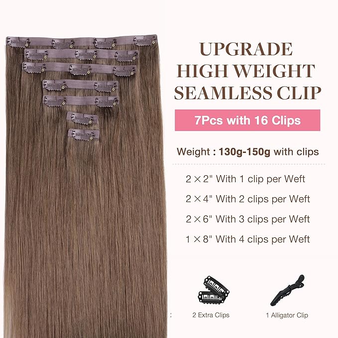 GOO GOO Clip in Hair Extensions Real Human Hair, Remy Human Hair Extensions Clip ins for Women, Natural Human Hair, 24inch 160g 7Pcs, 5 Light Ash Brown