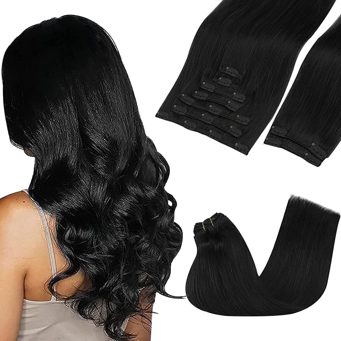 GOO GOO Clip in Hair Extensions Real Human Hair, Remy Human Hair Extensions Clip ins for Women, Natural Human Hair, 26inch 260g 9Pcs, #1 Jet Black