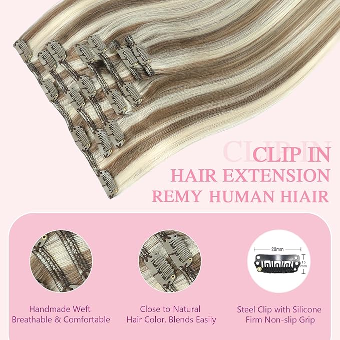 PINKPEARL Clip in Hair Extensions Straight Human Hair #8P60 Ash Brown Highlighted Platinum Blonde Clip in Extensions Remy Real Human Hair Extensions 7pcs 120g 18 Inch(#8P60-18)