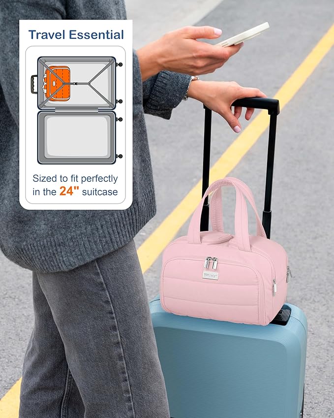 TOPDesign Travel Toiletry Bag for Women, Puffer Large Toiletry Bag, Lightweight Cosmetic Makeup Organizer with Handle for Traveling, Accessories, Essentials, Toiletries (Baby Pink)