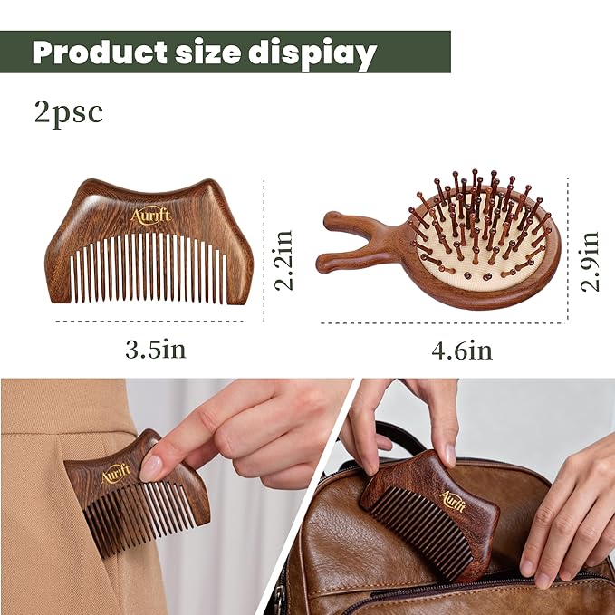 Mini Travel Hair Brush and Comb Set, Christmas Gifts for Mon, Scalp massager Hair Growth, Wooden Detangler Comb, Small Curly Hair Wet Brush for Women Girls Kids, Facial Massage Gua Sha Tool