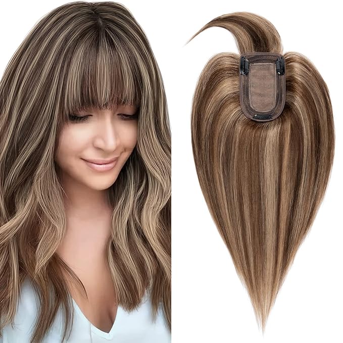 SEGO Hair Toppers for Women Real Human Hair with Thinning Hair, Toppers Hair Pieces Clip in Toppers Straight Hair Pieces with Front Bangs -10 Inch #4/27 Medium Brown Mix Dark Blonde