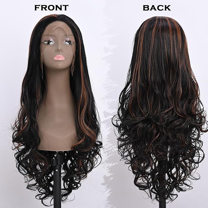 Long Brown with Highlight Synthetic Lace Front Wig Heat Resistant Body Wave Lace Front Wavy Wigs Free Part Natural Hair Wig for Women 24 Inch Fashion Glueless (24 Inch)