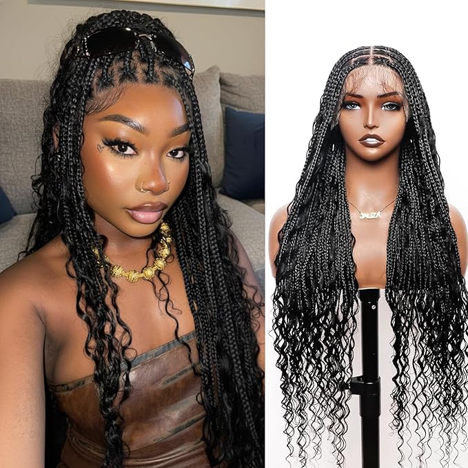 Human Hair Boho Curls Hand-Tied HD Full Lace Wig - 36" Salon-Level Small Box Synthetic Braids (79 Braids, Medium Density) Pre-Cut Swiss HD Lace, Pre-Plucked, Knotless, Tangle-Free - Black 1B