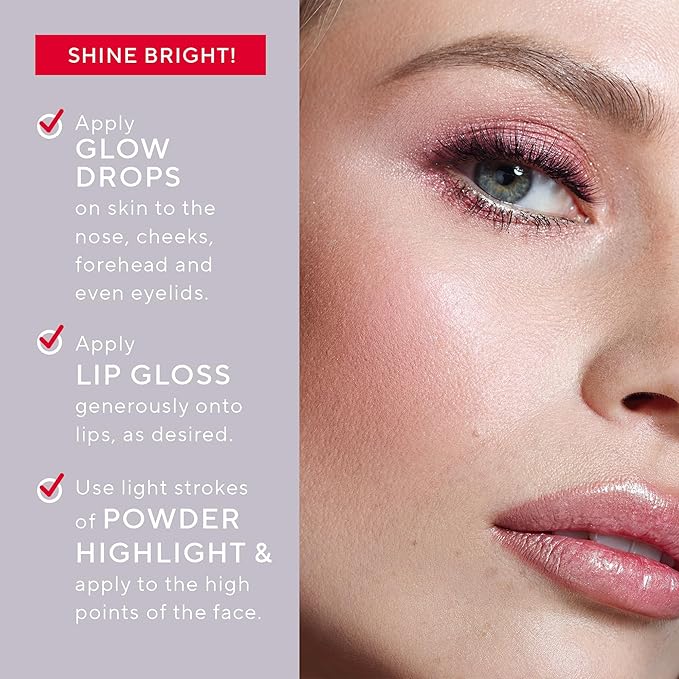 Mirabella 4-Piece Makeup Set for Women & Girls, Illuminizing Holiday Gift Set - Make-Up Set Includes Lip Gloss, Glow Drops, Powder Highlight & Blender Sponge - Talc-Free & Paraben Free Cosmetic Set