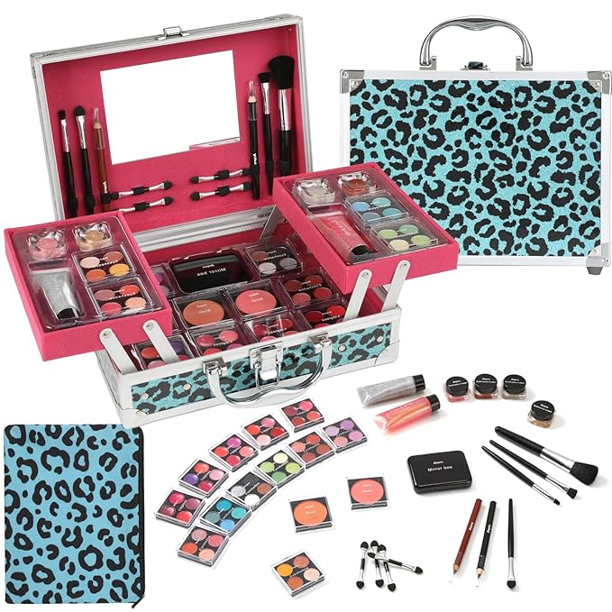 Anpro All-In-One Leopord Double Folding Makeup Carry Case with Pro Teen Makeup Set, Full Starter Kit with Makeup Brushes, Lipsticks, Eyeshadow Palette, Blushes, Glitter Gel, Ideal Present for Girls