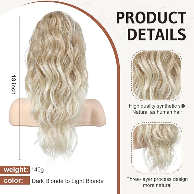 FLUFYMOOZ Claw Clip Ponytail Hair Extensions, 18 Inch Wavy Curly, Natural Fake Synthetic Hairpiece for Women (Dark Blonde to Light Blonde)