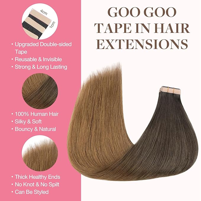 GOO GOO Tape in Hair Extensions Human Hair, 1D/2C/4E Chocolate Dip Color Melt, 10inch 30g 20pcs, Skin Weft Seamless Invisible, Silky Straight with Thick Ends, Remy Human Hair
