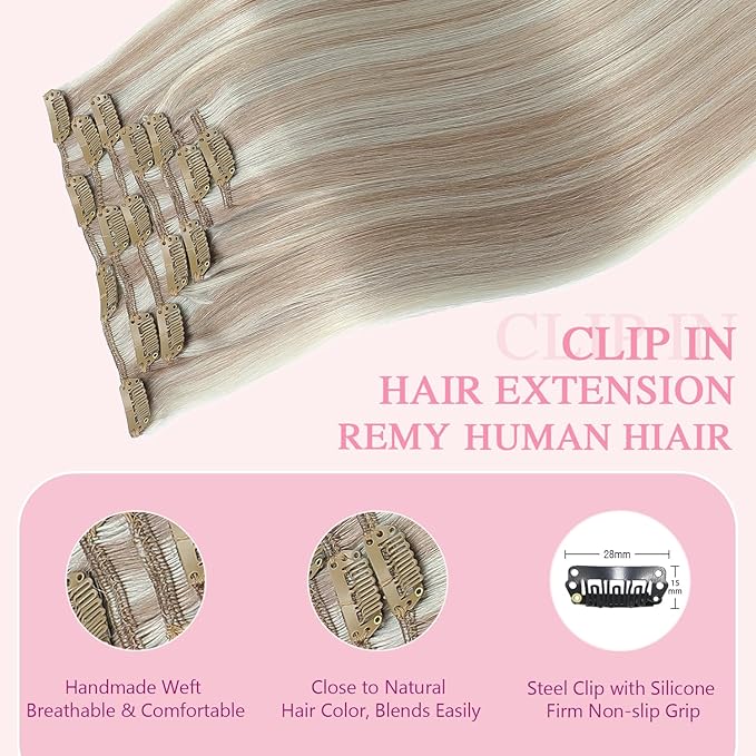 PINKPEARL Clip in Hair Extensions #18P1000 Ash Blonde Highlighted Gray Blonde 7pcs 16 Inch 120g Real Remy Hair Extensions Clip in Human Hair(#18P1000-16)