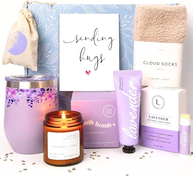 Unboxme Lavender Spa Gift Set - Relaxation Gifts For Women - Get Well Soon Gift Basket with Scented Candle, Bath Bomb, Soap ("Sending Hugs" Greeting Card, Luxury Lavender Collection)
