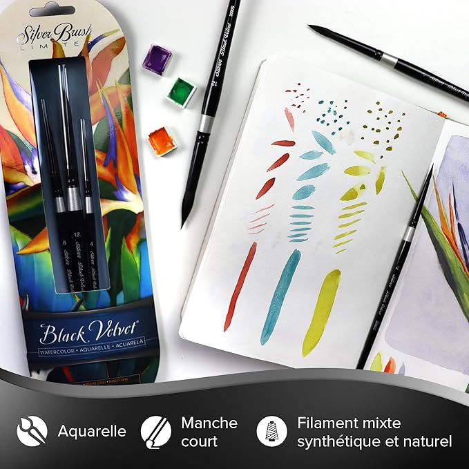 Silver Brush Limited BV-3055S Black Velvet Short Handle Medium Round Brushes, Mixed Filament With Very Soft Tips, 4pc Professional Artist Painting Bundle for Watercolors, Gouache, Dyes & Silk Painting