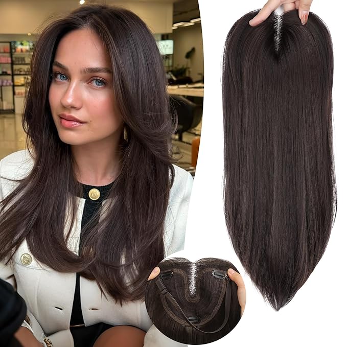 Dark Brown Synthetic Hair Toppers for Women with Thinning 3D 360° Cover Clip in Wispy Bangs Upgraded Adjustable Bandage 18 Inch Long Layered