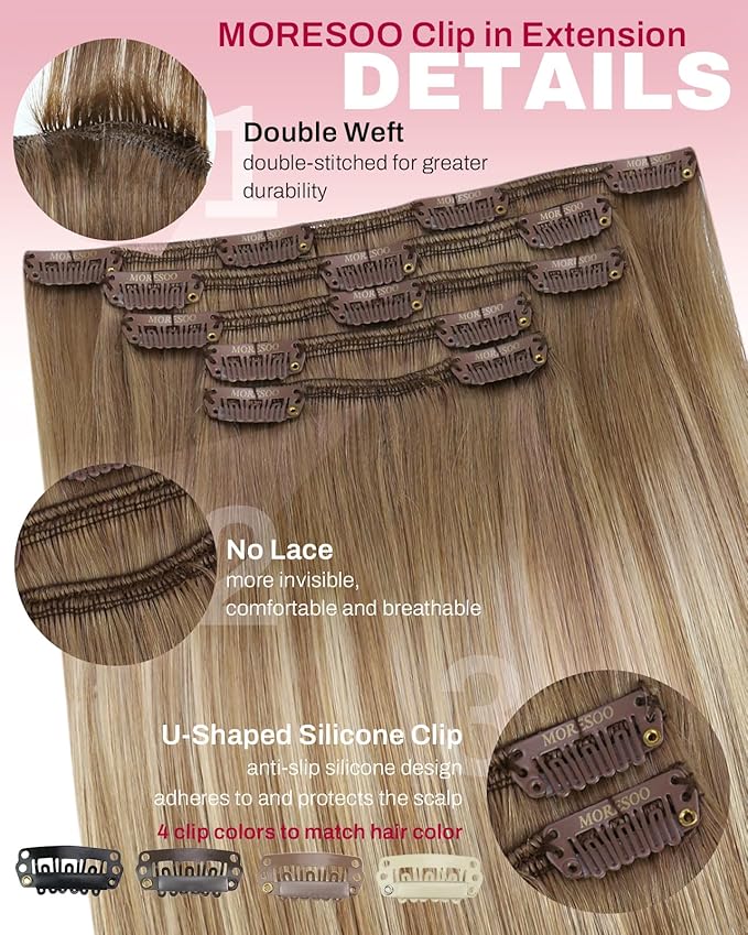 Moresoo Light Brown Balayage Hair Extensions Clip in Light Brown to Medium Brown Human Hair Clip in Extensions Straight Long to Add Length Double Weft 80g/5pcs 20inch for Wedding