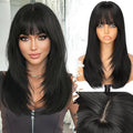 Wig with Bangs for Women Black Straight Face-Framing Layers Hairstyle 4x4 Realistic Scalp Glueless Synthetic Wigs Medium Length for Everyday Use