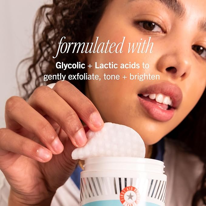 First Aid Beauty - Facial Radiance Pads with Glycolic & Lactic Acids, Daily Exfoliating Pads with AHA that Help Tone & Brighten Skin, One-Step Makeup Prep, Compostable for Daily Use, 60 ct