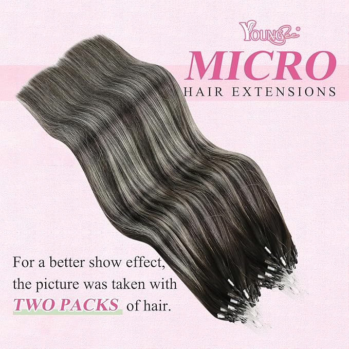 YoungSee Micro Loop Hair Extensions Real Human Hair Silver Balayage Micro Bead Hair Extensions Human Hair Black Ombre Silver Microlink Hair Extension Balayage Black 18 Inch 1g/s 50g 50s