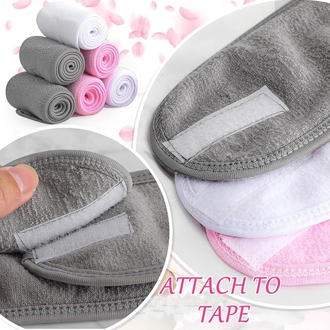 Hoteam 30 Pack Spa Headband Facial Esthetician Hair Wrap for Women Adjustable Makeup Sports Shower Stretch Towel with Tape(Pink, Gray, White)
