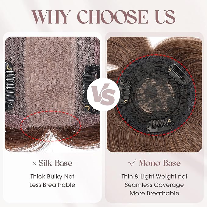 MY-LADY Human Hair Toppers for Women Real Human Hair with Bangs Thin 8.5 * 8.5CM Mono Base Clip in Remy Hairpieces Light Weight 10 Inch Medium Brown