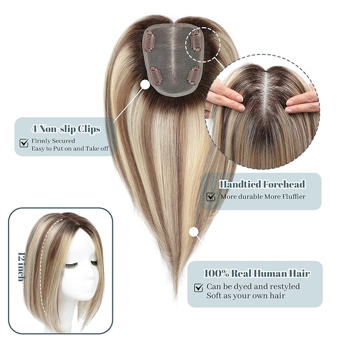 Human Hair Toppers for Women Real HairTopper with Thinning Hair 120% Density Round Shaped Swiss Base Hair Pieces 40g-Ombre Light Brown with Blond Highlight（2T613）