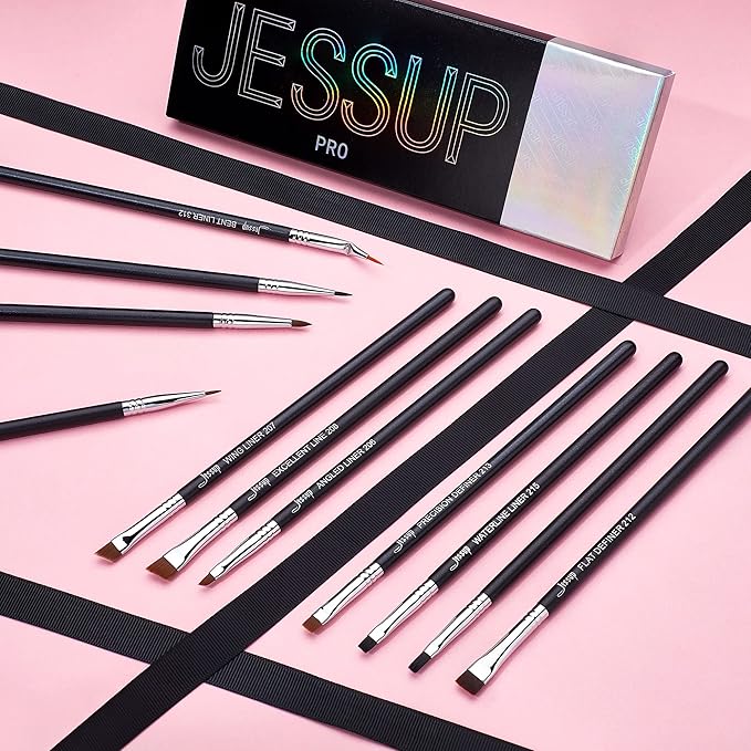 Jessup Eyeliner Brush Set, Professional Eye Liner Makeup Brushes 11pcs, Angled Flat Definer Ultra Fine Bent Pencil Point Eyeliner Brushes for Precision Liner, T324