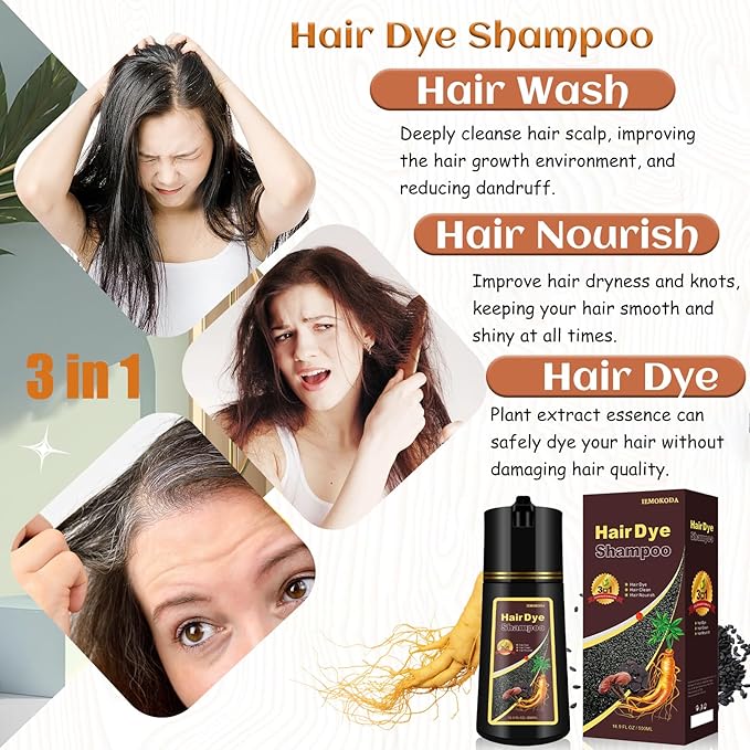 Dark Brown Hair Dye Shampoo 3 in 1, Natural Hair Color Dye for Men & Women, Shampoo Para Canas, Long-Lasting Effect for 100% Gray Hair Coverage Brown Hair Dye 16.9 Fl Oz (Dark brown)
