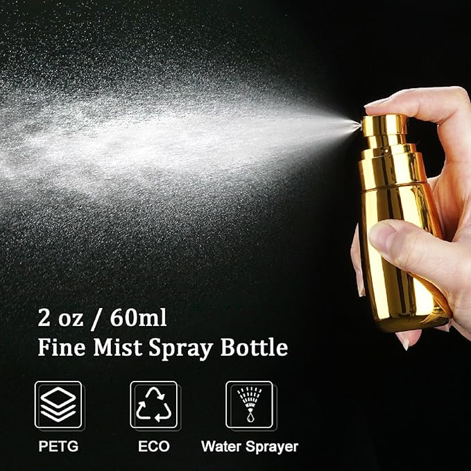 Cosywell Travel Spray Bottle TSA Approved 3 Pack 2oz 60ml Leak Proof Fine Mist Spray Bottle Empty Plastic Refillable Containers for Hair Perfume Toners Rose Water Cosmetics(Gold+Green+Clear)
