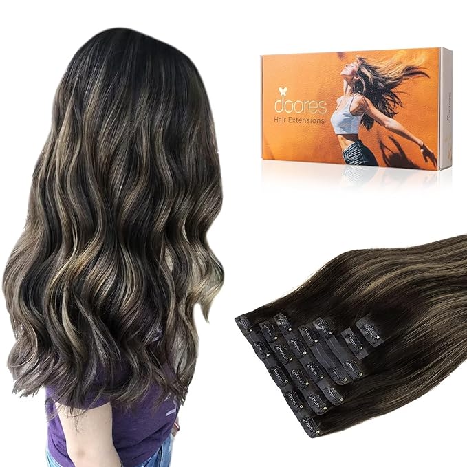 DOORES Human Hair Clip in Extensions - Natural Black to Light Blonde, 7pcs, 16 Inch, 130g - Seamless Remy Hair Straight Invisi Edge Thin Weft