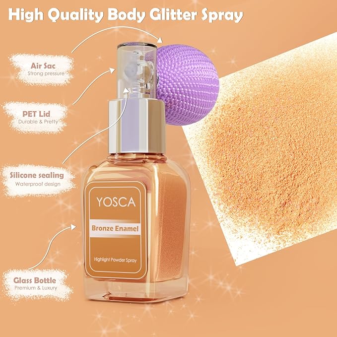 Yosca Highlighter Powder Spray, 20ML Cosmetic Grade Shimmer Powder Glitter Spray Sparkle Highlighter Makeup Festival Concert Accessorise for Rave Clothes Hair Face Nail Art - Bronze Enamel
