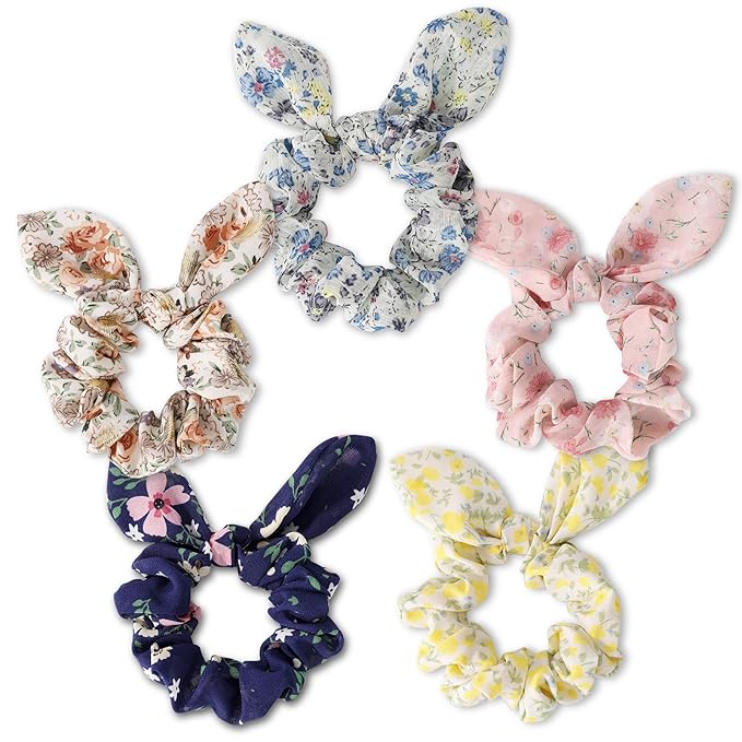 5Pcs Hair Scrunchies for Women,Bunny Ear Scrunchies Hair Ties,Cute Ponytail holder for Thick Hair,Colorful Ponytai Holder,Chiffon Hair Band,Hair Accessories for Women Girls