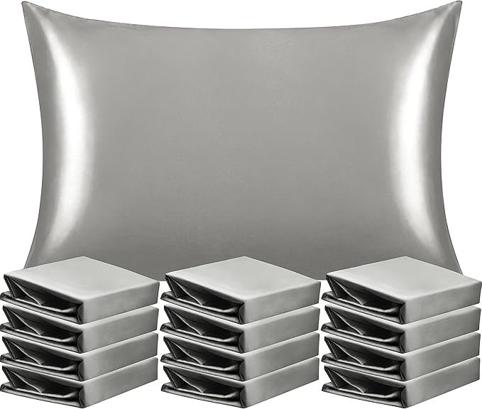 NTBAY 12 Pack Satin Standard Pillowcases for Hair and Skin, Luxurious and Silky Pillow Cases with Envelope Closure, 20x26 Inches, Grey