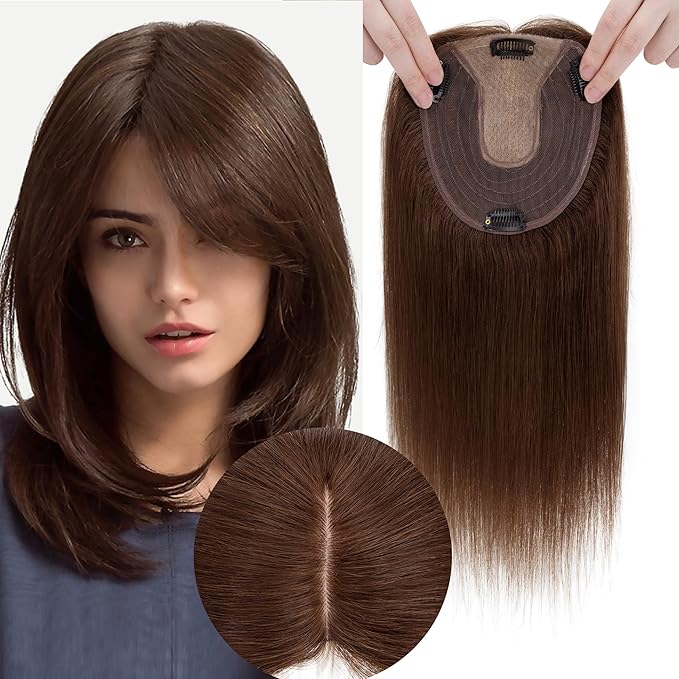 Hair Toppers for Women Real Human Hair No Bangs, 13 * 15 cm Larger Silk Base 150% Density Clip In Topper Hairpieces, Wiglet Top Pieces Add Volume -14 Inch 04 Medium Brown