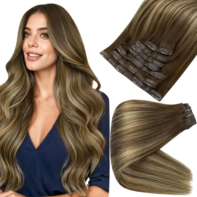 Full Shine Seamless Clip in Hair Extensions Balayage Brown Clip in Extensions Real Human Hair Medium Brown Ombre Honey Blonde Short Clip ins 14 Inch 120 G 8 PCS
