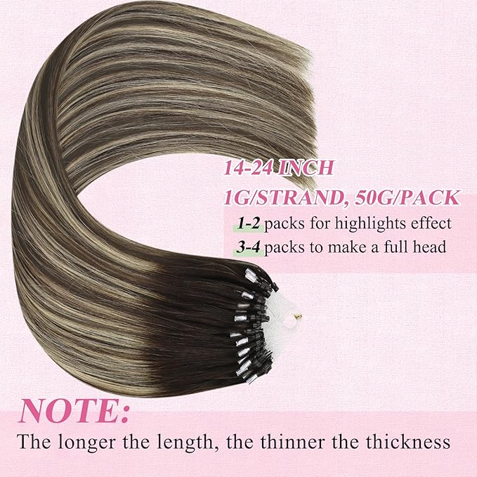 YoungSee Micro Link Hair Extensions Human Hair Balayage Micro Loop Hair Extensions Dark Brown Ombre Blonde Balayage Brown Bead Extension Human Hair 20In 50g 50s Microring Hair Extension for Wedding