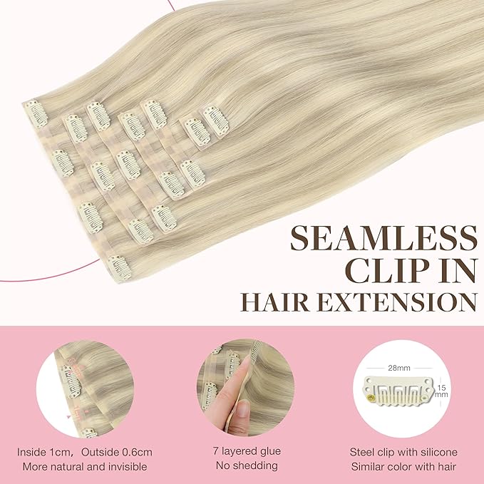 GOO GOO Clip in Hair Extensions Real Human Hair, Remy Human Hair Extensions Clip ins for Women, Natural Human Hair, 16inch 110g 7Pcs, 17A/60A Ash Blonde Highlighted Platinum Blonde