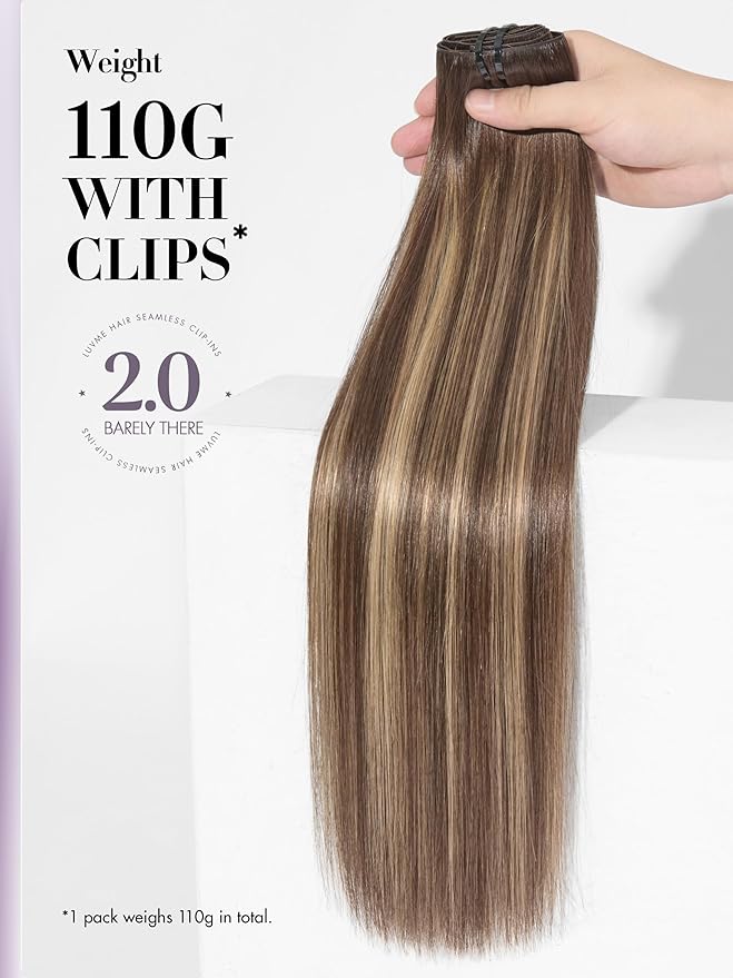LUVME Invisible Clip in Hair Extensions Real Human Hair, 20 inch 110g 6Pcs, Natural Chestnut Brown Highlights Human Hair Extensions Clip ins for Women, Natural Seamless Straight Human Hair