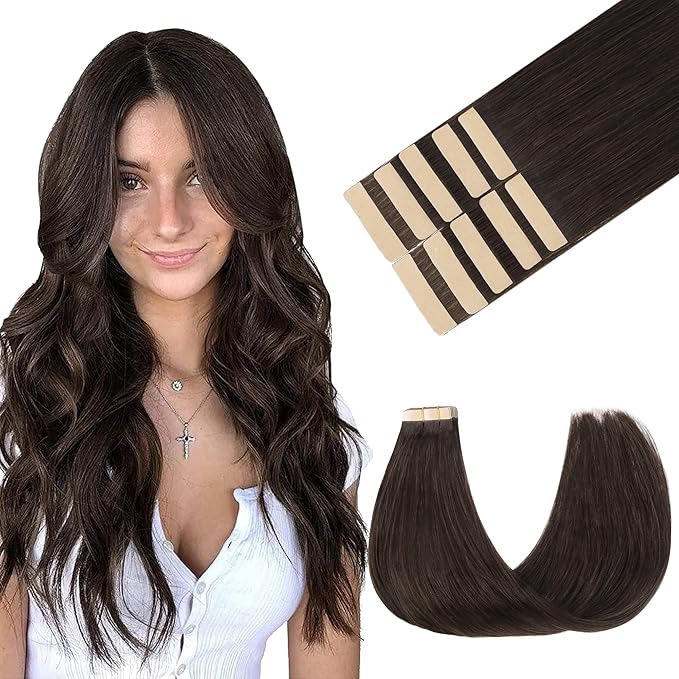 GOO GOO Tape in Hair Extensions Human Hair, 2A Light Brown, 18inch 25g 10pcs, Skin Weft Seamless Invisible, Silky Straight with Thick Ends, Remy Human Hair
